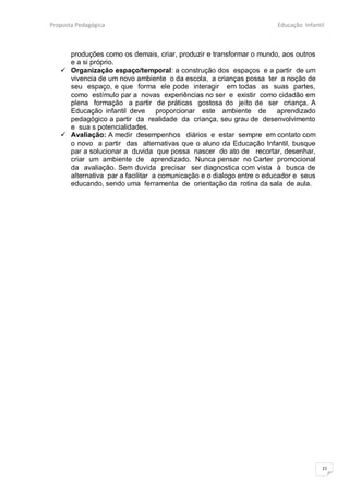 Proposta Pedagógica                                                   Educação Infantil



     produções como os demais, criar, produzir e transformar o mundo, aos outros
     e a si próprio.
    Organização espaço/temporal: a construção dos espaços e a partir de um
     vivencia de um novo ambiente o da escola, a crianças possa ter a noção de
     seu espaço, e que forma ele pode interagir em todas as suas partes,
     como estímulo par a novas experiências no ser e existir como cidadão em
     plena formação a partir de práticas gostosa do jeito de ser criança. A
     Educação infantil deve proporcionar este ambiente de              aprendizado
     pedagógico a partir da realidade da criança, seu grau de desenvolvimento
     e sua s potencialidades.
    Avaliação: A medir desempenhos diários e estar sempre em contato com
     o novo a partir das alternativas que o aluno da Educação Infantil, busque
     par a solucionar a duvida que possa nascer do ato de recortar, desenhar,
     criar um ambiente de aprendizado. Nunca pensar no Carter promocional
     da avaliação. Sem duvida precisar ser diagnostica com vista à busca de
     alternativa par a facilitar a comunicação e o dialogo entre o educador e seus
     educando, sendo uma ferramenta de orientação da rotina da sala de aula.




                                                                                      21
 