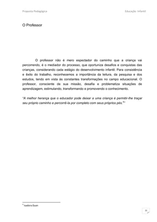 Proposta Pedagógica                                                   Educação Infantil



O Professor




         O professor não é mero espectador do caminho que a criança vai
percorrendo, é o mediador do processo, que oportuniza desafios e conquistas das
crianças, considerando cada estágio do desenvolvimento infantil. Para consistência
e êxito do trabalho, reconhecemos a importância da leitura, da pesquisa e dos
estudos, tendo em vista às constantes transformações no campo educacional. O
professor, consciente de sua missão, desafia e problematiza situações de
aprendizagem, estimulando, transformando e promovendo o conhecimento.


“A melhor herança que o educador pode deixar a uma criança é permitir-lhe traçar
seu próprio caminho e percorrê-la por completo com seus próprios pés.4”




4
    Isadora Duan
                                                                                      22
 