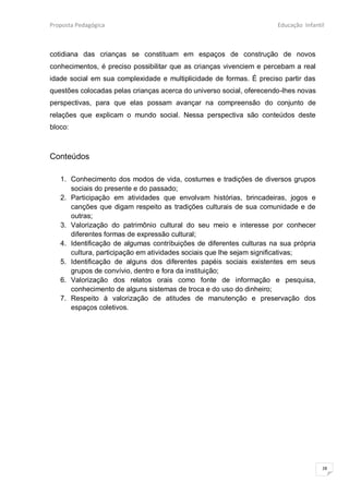 Proposta Pedagógica                                                   Educação Infantil



cotidiana das crianças se constituam em espaços de construção de novos
conhecimentos, é preciso possibilitar que as crianças vivenciem e percebam a real
idade social em sua complexidade e multiplicidade de formas. É preciso partir das
questões colocadas pelas crianças acerca do universo social, oferecendo-lhes novas
perspectivas, para que elas possam avançar na compreensão do conjunto de
relações que explicam o mundo social. Nessa perspectiva são conteúdos deste
bloco:



Conteúdos

   1. Conhecimento dos modos de vida, costumes e tradições de diversos grupos
      sociais do presente e do passado;
   2. Participação em atividades que envolvam histórias, brincadeiras, jogos e
      canções que digam respeito as tradições culturais de sua comunidade e de
      outras;
   3. Valorização do patrimônio cultural do seu meio e interesse por conhecer
      diferentes formas de expressão cultural;
   4. Identificação de algumas contribuições de diferentes culturas na sua própria
      cultura, participação em atividades sociais que lhe sejam significativas;
   5. Identificação de alguns dos diferentes papéis sociais existentes em seus
      grupos de convívio, dentro e fora da instituição;
   6. Valorização dos relatos orais como fonte de informação e pesquisa,
      conhecimento de alguns sistemas de troca e do uso do dinheiro;
   7. Respeito à valorização de atitudes de manutenção e preservação dos
      espaços coletivos.




                                                                                      28
 