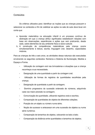Proposta Pedagógica                                                       Educação Infantil



Conteúdos


       Os critérios utilizados para: identificar as noções que as crianças possuem e
selecionar os conteúdos a fim de viabilizar as ações na sala de aula deve levar em
conta que:


   a. Aprender matemática na educação infantil é um processo contínuo de
      abstração em que a criança atribui significados estabelecem relações com
      base em observações, experiências e ações que vem praticando, desde
      cedo, sobre elementos do seu ambiente físico e sócio-cultural;
   b. A construção de competências matemáticas pela criança ocorre
      simultaneamente à leitura, escrita, linguagem oral, desenho, capacidades
      motoras.

Para as crianças de três a seis anos, as atividades dessa natureza são executadas
envolvendo os seguintes conteúdos: Números e Sistema de Numeração, Medida e
Espaço e Forma.

       -     Utilização da contagem oral nas brincadeiras e situações que a criança
           reconheça a sua necessidade;

       -     Designação de uma quantidade a partir da contagem oral;

       -     Utilização de formas de registros de quantidades escolhidas pela
           criança;

       -     Designação de quantidade a partir da contagem;

       -     Domínio progressivo da sucessão ordenada de números, adquirindo
           cada vez maior precisão na contagem;

       -     Comunicação de quantidade, utilizando registros orais e escritos;

       -     Comparação de quantidades de objetos de diferentes coleções;

       -     Posição de um objeto ou número numa série;

       -     Noção de sucessor e antecessor em uma sucessão de objetos ou numa
           série numérica;

       -     Comparação de tamanhos de objetos, colocando-os lado a lado;

       -     Comparação da distância entre quantidades e tamanhos de objetos;



                                                                                          32
 
