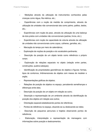 Proposta Pedagógica                                                      Educação Infantil



       -      Medições através da utilização de instrumentos conhecidos pelas
           crianças como régua, fita métrica, etc.;

       -     Experiências com a noção de medida de comprimento, através da
           utilização de unidades não convencionais tais como palmo, palitos, dedos,
           etc.;

       -     Experiências com noção de peso, através da utilização de uma balança
           de dois pratos com unidades não convencionais (pedras, livros, etc.);

       -     Experiências com noção de capacidade de volume através da utilização
           de unidades não convencionais como copos, colheres, garrafas, etc.;

       -     Marcação do tempo por meio de calendários;

       -     Exploração de noções de posição e do vocabulário pertinente;

       -     Descrição da posição de um objeto tendo como referência o próprio
           corpo;

       -      Exploração de relações espaciais no objeto (relação entre partes,
           construções, quebra-cabeças);

       -     Identificação de propriedades geométricas de objetos e figuras: formas,
           tipos de contornos, tridimensionais de objetos com massa de modelar e
           argila;

       -     Representações gráficas de objetos;

       -     Relações de posição de objetos no espaço, percebendo semelhanças e
           diferenças entre eles;

       -     Descrição da posição de um objeto em relação ao outro;

       -     Descrição e representação de um ambiente através da identificação da
           posição dos objetos em relação aos outros;

       -     Orientação espacial estabelecendo pontos de referência;

       -     Pontos de referência no espaço, situando-se ou deslocando-se neles;

       -     Descrição de pequenos percursos e trajetos observando pontos de
           referência;

       -      Elaboração, interpretação e representação de mensagens com
           informações sobre posição e deslocamentos.


                                                                                         33
 