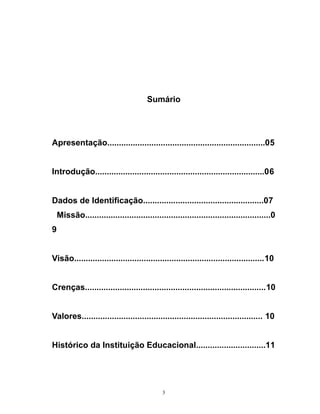 Sumário

Apresentação....................................................................05
Introdução.........................................................................06
Dados de Identificação....................................................07
Missão................................................................................0
9
Visão..................................................................................10
Crenças..............................................................................10
Valores.............................................................................. 10
Histórico da Instituição Educacional..............................11

3

 