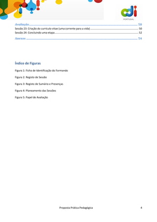 Proposta Prática Pedagógica 4
Avaliação..................................................................................................................................................... 50
Sessão 23: Criação do currículo vitae (uma corrente para a vida).................................................................. 50
Sessão 24: Concluindo uma etapa................................................................................................................... 52
Anexos ......................................................................................................................................................... 54
Índice de Figuras
Figura 1: Ficha de Identificação do Formando
Figura 2: Registo de Sessão
Figura 3: Registo de Sumário e Presenças
Figura 4: Planeamento das Sessões
Figura 5: Papel de Avaliação
 
