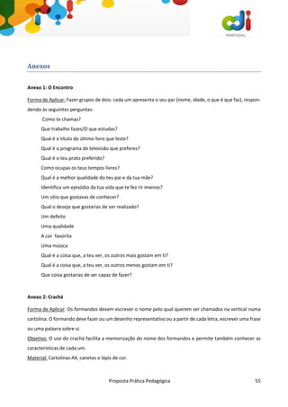 Proposta Prática Pedagógica 55
Anexos
Anexo 1: O Encontro
Forma de Aplicar: Fazer grupos de dois: cada um apresenta o seu par (nome, idade, o que é que faz), respon-
dendo às seguintes perguntas:
Como te chamas?
Que trabalho fazes/O que estudas?
Qual é o título do último livro que leste?
Qual é o programa de televisão que preferes?
Qual é o teu prato preferido?
Como ocupas os teus tempos livres?
Qual é a melhor qualidade do teu pai e da tua mãe?
Identifica um episódio da tua vida que te fez rir imenso?
Um sítio que gostavas de conhecer?
Qual o desejo que gostarias de ver realizado?
Um defeito
Uma qualidade
A cor favorita
Uma música
Qual é a coisa que, a teu ver, os outros mais gostam em ti?
Qual é a coisa que, a teu ver, os outros menos gostam em ti?
Que coisa gostarias de ser capaz de fazer?
Anexo 2: Crachá
Forma de Aplicar: Os formandos devem escrever o nome pelo qual querem ser chamados na vertical numa
cartolina. O formando deve fazer ou um desenho representativo ou a partir de cada letra, escrever uma frase
ou uma palavra sobre si.
Objetivo: O uso do crachá facilita a memorização do nome dos formandos e permite também conhecer as
características de cada um.
Material: Cartolinas A4, canetas e lápis de cor.
 