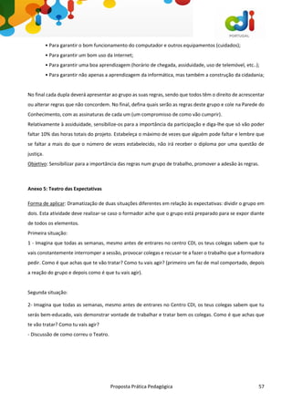 Proposta Prática Pedagógica 57
• Para garantir o bom funcionamento do computador e outros equipamentos (cuidados);
• Para garantir um bom uso da Internet;
• Para garantir uma boa aprendizagem (horário de chegada, assiduidade, uso de telemóvel, etc..);
• Para garantir não apenas a aprendizagem da informática, mas também a construção da cidadania;
No final cada dupla deverá apresentar ao grupo as suas regras, sendo que todos têm o direito de acrescentar
ou alterar regras que não concordem. No final, defina quais serão as regras deste grupo e cole na Parede do
Conhecimento, com as assinaturas de cada um (um compromisso de como vão cumprir).
Relativamente à assiduidade, sensibilize-os para a importância da participação e diga-lhe que só vão poder
faltar 10% das horas totais do projeto. Estabeleça o máximo de vezes que alguém pode faltar e lembre que
se faltar a mais do que o número de vezes estabelecido, não irá receber o diploma por uma questão de
justiça.
Objetivo: Sensibilizar para a importância das regras num grupo de trabalho, promover a adesão às regras.
Anexo 5: Teatro das Expectativas
Forma de aplicar: Dramatização de duas situações diferentes em relação às expectativas: dividir o grupo em
dois. Esta atividade deve realizar-se caso o formador ache que o grupo está preparado para se expor diante
de todos os elementos.
Primeira situação:
1 - Imagina que todas as semanas, mesmo antes de entrares no centro CDI, os teus colegas sabem que tu
vais constantemente interromper a sessão, provocar colegas e recusar-te a fazer o trabalho que a formadora
pedir. Como é que achas que te vão tratar? Como tu vais agir? (primeiro um faz de mal comportado, depois
a reação do grupo e depois como é que tu vais agir).
Segunda situação:
2- Imagina que todas as semanas, mesmo antes de entrares no Centro CDI, os teus colegas sabem que tu
serás bem-educado, vais demonstrar vontade de trabalhar e tratar bem os colegas. Como é que achas que
te vão tratar? Como tu vais agir?
- Discussão de como correu o Teatro.
 