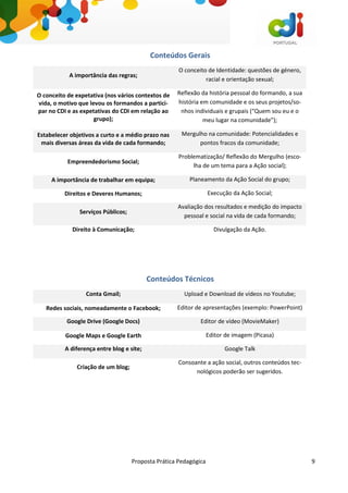 Proposta Prática Pedagógica 9
Conteúdos Gerais
A importância das regras;
O conceito de Identidade: questões de género,
racial e orientação sexual;
O conceito de expetativa (nos vários contextos de
vida, o motivo que levou os formandos a partici-
par no CDI e as expetativas do CDI em relação ao
grupo);
Reflexão da história pessoal do formando, a sua
história em comunidade e os seus projetos/so-
nhos individuais e grupais (“Quem sou eu e o
meu lugar na comunidade”);
Estabelecer objetivos a curto e a médio prazo nas
mais diversas áreas da vida de cada formando;
Mergulho na comunidade: Potencialidades e
pontos fracos da comunidade;
Empreendedorismo Social;
Problematização/ Reflexão do Mergulho (esco-
lha de um tema para a Ação social);
A importância de trabalhar em equipa; Planeamento da Ação Social do grupo;
Direitos e Deveres Humanos; Execução da Ação Social;
Serviços Públicos;
Avaliação dos resultados e medição do impacto
pessoal e social na vida de cada formando;
Direito à Comunicação; Divulgação da Ação.
Conteúdos Técnicos
Conta Gmail; Upload e Download de vídeos no Youtube;
Redes sociais, nomeadamente o Facebook; Editor de apresentações (exemplo: PowerPoint)
Google Drive (Google Docs) Editor de vídeo (MovieMaker)
Google Maps e Google Earth Editor de imagem (Picasa)
A diferença entre blog e site; Google Talk
Criação de um blog;
Consoante a ação social, outros conteúdos tec-
nológicos poderão ser sugeridos.
 
