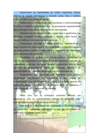 Desenvolver as capacidades de ordem cognitivas, físicas,
afetivas de relação interpessoal e inserção social, ética e estética
tendo em vista uma formação ampla.
       Desenvolver a sensibilidade para reconhecer a intencionalidade
implícita e conteúdos discriminatórios, ou persuasivos especialmente
nas mensagens veiculadas pelos meios de comunicação.
       Posicionar-se de maneira crítica, responsável e construtiva nas
diferentes situações sociais, utilizando o diálogo como forma de
mediar conflitos e de tomar decisões coletivas.
       Proporcionar formação de cidadãos críticos, habilitando-os a
seguir estudos em nível superior com habilidades e competências que
lhe proporcionem ampliar e desenvolver a capacidade de intervenção
e transformação da sociedade.
       Possibilitar   o    acesso      aos     conhecimentos     universais     e
específicos relacionados à realidade social dos educandos, através de
organização curricular, de carga horária e calendário escolar que
atendam    às   características       gerais   de   Educação     Básica    e   às
especificidades da realidade camponesa sul-matogrossesense.
       Proporcionar uma educação que considere suas práticas
educacionais    não-formais       e    comunitárias    e   que     atenda      as
especificidades dos trabalhadores do campo, permitindo, através da
parte diversificada do currículo, um exercício pleno de cidadania e
melhor inserção ativa no mundo do trabalho.


       Fazer    com       que   os    conteúdos     escolares    estejam       em
consonância com os conhecimentos prévios do educando, num
processo de articulação de novos significados.
       Desenvolver a capacidade de investigação e da perseverança
na busca dos resultados valorizando o uso de estratégias de
verificação e controle de resultados.




                                                                               29
 