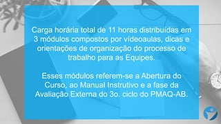 Carga horária total  de  11  horas  distribuídas em
3 módulos compostos por vídeoaulas,  dicas e  
orientações de  organização do  processo de  
trabalho para  as  Equipes.
Esses módulos referem-­se  a  Abertura do  
Curso,  ao Manual  Instrutivo e  a  fase da  
Avaliação Externa  do  3o.  ciclo do  PMAQ-­AB.
 