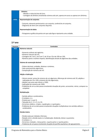 Programa de Matemática para o Ensino Básico Página 8
Dinheiro
- Moedas e notas da área do Euro;
- Contagens de dinheiro envolvendo números até cem, apenas em euros ou apenas em cêntimos.
OTD1 Representação de conjuntos
- Conjunto, elemento pertencente a um conjunto, cardinal de um conjunto;
- Diagramas de Venn com conjuntos disjuntos.
Representação de dados
- Pictograma e gráfico de pontos em que cada figura representa uma unidade.
2.º ano
Domínio Conteúdos
NO2 Números naturais
- Numerais ordinais até vigésimo;
- Números naturais até mil;
- Contagens de em , de em , de em e de em ;
- Números pares e número ímpares; identificação através do algarismo das unidades.
Sistema de numeração decimal
- Ordens decimais: unidades, dezenas e centenas;
- Valor posicional dos algarismos;
- Comparação de números até mil.
Adição e Subtração
- Cálculo mental: somas de números de um algarismo, diferenças de números até , adições e
subtrações de e a números de três algarismos;
- Adições cuja soma seja inferior a ;
- Subtrações de números até ;
- Problemas de um ou dois passos envolvendo situações de juntar, acrescentar, retirar, comparar ou
completar.
Multiplicação
- Sentido aditivo e combinatório;
- O símbolo « »;
- Produto por e por ;
- Tabuadas do , , , , e ;
- Os termos «dobro», «triplo», «quádruplo» e «quíntuplo»;
- Problemas de um ou dois passos envolvendo situações multiplicativas nos sentidos aditivo e
combinatório.
Divisão inteira
- Divisão exata por métodos informais;
- Relação entre a divisão exata e a multiplicação: dividendo, divisor e quociente;
- O símbolo «:»;
- Os termos «metade», «terça parte», «quarta parte» e «quinta parte»;
- Problemas de um passo envolvendo situações de partilha equitativa e de agrupamento.
 