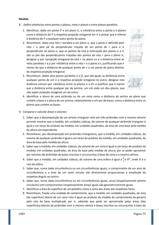 GM9 Página 75
Medida
8. Definir distâncias entre pontos e planos, retas e planos e entre planos paralelos
1. Identificar, dado um ponto e um plano , a «distância entre o ponto e o plano»
como a distância de à respetiva projeção ortogonal em e provar que é inferior
à distância de a qualquer outro ponto do plano.
2. Reconhecer, dada uma reta paralela a um plano , que o plano definido pela
reta e pelo pé da perpendicular traçada de um ponto de para é
perpendicular ao plano , que os pontos da reta interseção dos planos e
são os pés das perpendiculares traçadas dos pontos da reta para o plano ,
designar por «projeção ortogonal da reta no plano » e a distância entre as
retas paralelas e por «distância entre a reta e o plano », justificando que é
menor do que a distância de qualquer ponto de a um ponto do plano distinto
da respetiva projeção ortogonal.
3. Reconhecer, dados dois planos paralelos e , que são iguais as distâncias entre
qualquer ponto de um e a respetiva projeção ortogonal no outro, designar esta
distância comum por «distância entre os planos e » e justificar que é menor
que a distância entre qualquer par de pontos, um em cada um dos planos, que
não sejam projeção ortogonal um do outro.
4. Identificar a altura de uma pirâmide ou de um cone como a distância do vértice ao plano que
contém a base e a altura de um prisma, relativamente a um par de bases, como a distância entre os
planos que contêm as bases.
9. Comparar e calcular áreas e volumes
1. Saber que a decomposição de um prisma triangular reto em três pirâmides com o mesmo volume
permite mostrar que a medida, em unidades cúbicas, do volume de qualquer pirâmide triangular é
igual a um terço do produto da medida, em unidades quadradas, da área de uma base pela medida
da altura correspondente.
2. Reconhecer, por decomposição em pirâmides triangulares, que a medida, em unidades cúbicas, do
volume de qualquer pirâmide é igual a um terço do produto da medida, em unidades quadradas, da
área da base pela medida da altura.
3. Saber que a medida, em unidades cúbicas, do volume de um cone é igual a um terço do produto da
medida, em unidades quadradas, da área da base pela medida da altura, por se poder aproximar
por volumes de pirâmides de bases inscritas e circunscritas à base do cone e o mesmo vértice.
4. Saber que a medida, em unidades cúbicas, do volume de uma esfera é igual a , onde é o
raio da esfera.
5. Saber que, numa dada circunferência ou em circunferências iguais, o comprimento de um arco de
circunferência e a área de um setor circular são diretamente proporcionais à amplitude do
respetivo ângulo ao centro.
6. Saber que, numa dada circunferência ou em circunferências iguais, arcos (respetivamente setores
circulares) com comprimentos (respetivamente áreas) iguais são geometricamente iguais.
7. Identificar a área da superfície de um poliedro como a soma das áreas das respetivas faces.
8. Reconhecer, fixada uma unidade de comprimento, que a medida, em unidades quadradas, da área
(da superfície) lateral de um cone reto é igual ao produto da medida do comprimento da geratriz
pelo raio da base multiplicado por , sabendo que pode ser aproximada pelas áreas (das
superfícies) laterais de pirâmides com o mesmo vértice e bases inscritas ou circunscritas à base do
 