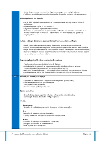 Programa de Matemática para o Ensino Básico Página 11
- Divisor de um número, número divisível por outro; relação entre múltiplo e divisor;
- Problemas de até três passos envolvendo situações de partilha equitativa e de agrupamento.
Números racionais não negativos
- Fração como representação de medida de comprimento e de outras grandezas; numerais
fracionários;
- Representação de frações na reta numérica;
- Frações equivalentes e noção de número racional;
- Ordenação de números racionais representados por frações com o mesmo numerador ou o
mesmo denominador, ou utilizando a reta numérica ou a medição de outras grandezas;
- Frações próprias.
Adição e subtração de números racionais não negativos representados por frações
- Adição e subtração na reta numérica por justaposição retilinta de segmentos de reta;
- Produto de um número natural por um número racional representado por uma fração unitária;
- Adição e subtração de números racionais representados por frações com o mesmo denominador;
- Decomposição de um número racional na soma de um número natural com um número racional
representável por uma fração própria.
Representação decimal de números racionais não negativos
- Frações decimais; representação na forma de dízimas;
- Redução de frações decimais ao mesmo denominador; adição de números racionais
representados por frações decimais com denominadores até mil;
- Algoritmos para a adição e para a subtração de números racionais representados por dízimas;
- Decomposição decimal de um número racional representado na forma de uma dízima.
GM3 Localização e orientação no espaço
- Segmentos de reta paralelos e perpendiculares em grelhas quadriculadas;
- Direções perpendiculares e quartos de volta;
- Direções horizontais e verticais;
- Coordenadas em grelhas quadriculadas.
Figuras geométricas
- Circunferência, círculo, superfície esférica e esfera; centro, raio e diâmetro;
- Identificação de eixos de simetria em figuras planas.
Medida
Comprimento
- Unidades de medida de comprimento do sistema métrico; conversões.
Área
- Medições de áreas em unidades quadradas;
- Fórmula para a área do retângulo de lados de medida inteira.
Massa
- Unidades de massa do sistema métrico; conversões;
- Pesagens em unidades do sistema métrico;
- Relação entre litro e quilograma.
 