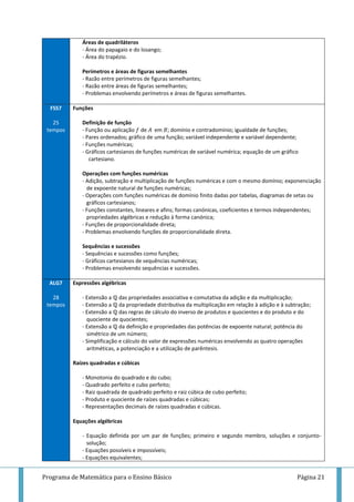 Programa de Matemática para o Ensino Básico Página 21
Áreas de quadriláteros
- Área do papagaio e do losango;
- Área do trapézio.
Perímetros e áreas de figuras semelhantes
- Razão entre perímetros de figuras semelhantes;
- Razão entre áreas de figuras semelhantes;
- Problemas envolvendo perímetros e áreas de figuras semelhantes.
FSS7
25
tempos
Funções
Definição de função
- Função ou aplicação de em ; domínio e contradomínio; igualdade de funções;
- Pares ordenados; gráfico de uma função; variável independente e variável dependente;
- Funções numéricas;
- Gráficos cartesianos de funções numéricas de variável numérica; equação de um gráfico
cartesiano.
Operações com funções numéricas
- Adição, subtração e multiplicação de funções numéricas e com o mesmo domínio; exponenciação
de expoente natural de funções numéricas;
- Operações com funções numéricas de domínio finito dadas por tabelas, diagramas de setas ou
gráficos cartesianos;
- Funções constantes, lineares e afins; formas canónicas, coeficientes e termos independentes;
propriedades algébricas e redução à forma canónica;
- Funções de proporcionalidade direta;
- Problemas envolvendo funções de proporcionalidade direta.
Sequências e sucessões
- Sequências e sucessões como funções;
- Gráficos cartesianos de sequências numéricas;
- Problemas envolvendo sequências e sucessões.
ALG7
28
tempos
Expressões algébricas
- Extensão a das propriedades associativa e comutativa da adição e da multiplicação;
- Extensão a da propriedade distributiva da multiplicação em relação à adição e à subtração;
- Extensão a das regras de cálculo do inverso de produtos e quocientes e do produto e do
quociente de quocientes;
- Extensão a da definição e propriedades das potências de expoente natural; potência do
simétrico de um número;
- Simplificação e cálculo do valor de expressões numéricas envolvendo as quatro operações
aritméticas, a potenciação e a utilização de parêntesis.
Raízes quadradas e cúbicas
- Monotonia do quadrado e do cubo;
- Quadrado perfeito e cubo perfeito;
- Raiz quadrada de quadrado perfeito e raiz cúbica de cubo perfeito;
- Produto e quociente de raízes quadradas e cúbicas;
- Representações decimais de raízes quadradas e cúbicas.
Equações algébricas
- Equação definida por um par de funções; primeiro e segundo membro, soluções e conjunto-
solução;
- Equações possíveis e impossíveis;
- Equações equivalentes;
 