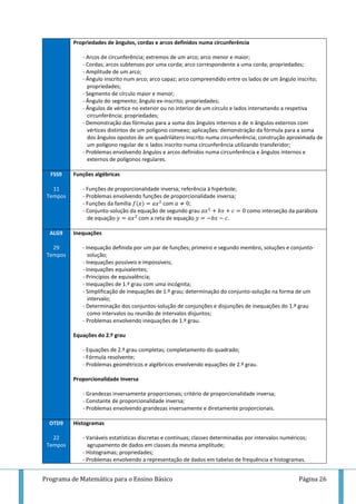 Programa de Matemática para o Ensino Básico Página 26
Propriedades de ângulos, cordas e arcos definidos numa circunferência
- Arcos de circunferência; extremos de um arco; arco menor e maior;
- Cordas; arcos subtensos por uma corda; arco correspondente a uma corda; propriedades;
- Amplitude de um arco;
- Ângulo inscrito num arco; arco capaz; arco compreendido entre os lados de um ângulo inscrito;
propriedades;
- Segmento de círculo maior e menor;
- Ângulo do segmento; ângulo ex-inscrito; propriedades;
- Ângulos de vértice no exterior ou no interior de um círculo e lados intersetando a respetiva
circunferência; propriedades;
- Demonstração das fórmulas para a soma dos ângulos internos e de ângulos externos com
vértices distintos de um polígono convexo; aplicações: demonstração da fórmula para a soma
dos ângulos opostos de um quadrilátero inscrito numa circunferência; construção aproximada de
um polígono regular de lados inscrito numa circunferência utilizando transferidor;
- Problemas envolvendo ângulos e arcos definidos numa circunferência e ângulos internos e
externos de polígonos regulares.
FSS9
11
Tempos
Funções algébricas
- Funções de proporcionalidade inversa; referência à hipérbole;
- Problemas envolvendo funções de proporcionalidade inversa;
- Funções da família com ;
- Conjunto-solução da equação de segundo grau como interseção da parábola
de equação com a reta de equação .
ALG9
29
Tempos
Inequações
- Inequação definida por um par de funções; primeiro e segundo membro, soluções e conjunto-
solução;
- Inequações possíveis e impossíveis;
- Inequações equivalentes;
- Princípios de equivalência;
- Inequações de 1.º grau com uma incógnita;
- Simplificação de inequações de 1.º grau; determinação do conjunto-solução na forma de um
intervalo;
- Determinação dos conjuntos-solução de conjunções e disjunções de inequações do 1.º grau
como intervalos ou reunião de intervalos disjuntos;
- Problemas envolvendo inequações de 1.º grau.
Equações do 2.º grau
- Equações de 2.º grau completas; completamento do quadrado;
- Fórmula resolvente;
- Problemas geométricos e algébricos envolvendo equações de 2.º grau.
Proporcionalidade Inversa
- Grandezas inversamente proporcionais; critério de proporcionalidade inversa;
- Constante de proporcionalidade inversa;
- Problemas envolvendo grandezas inversamente e diretamente proporcionais.
OTD9
22
Tempos
Histogramas
- Variáveis estatísticas discretas e contínuas; classes determinadas por intervalos numéricos;
agrupamento de dados em classes da mesma amplitude;
- Histogramas; propriedades;
- Problemas envolvendo a representação de dados em tabelas de frequência e histogramas.
 
