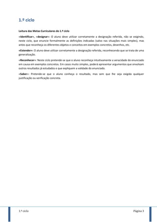1.º ciclo Página 3
1.º ciclo
Leitura das Metas Curriculares do 1.º ciclo
«Identificar», «designar»: O aluno deve utilizar corretamente a designação referida, não se exigindo,
neste ciclo, que enuncie formalmente as definições indicadas (salvo nas situações mais simples), mas
antes que reconheça os diferentes objetos e conceitos em exemplos concretos, desenhos, etc.
«Estender»: O aluno deve utilizar corretamente a designação referida, reconhecendo que se trata de uma
generalização.
«Reconhecer»: Neste ciclo pretende-se que o aluno reconheça intuitivamente a veracidade do enunciado
em causa em exemplos concretos. Em casos muito simples, poderá apresentar argumentos que envolvam
outros resultados já estudados e que expliquem a validade do enunciado.
«Saber»: Pretende-se que o aluno conheça o resultado, mas sem que lhe seja exigida qualquer
justificação ou verificação concreta.
 