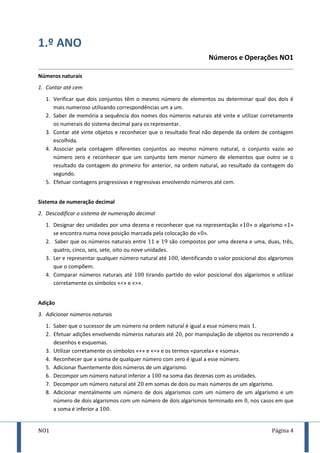 NO1 Página 4
1.º ANO
Números e Operações NO1
Números naturais
1. Contar até cem
1. Verificar que dois conjuntos têm o mesmo número de elementos ou determinar qual dos dois é
mais numeroso utilizando correspondências um a um.
2. Saber de memória a sequência dos nomes dos números naturais até vinte e utilizar corretamente
os numerais do sistema decimal para os representar.
3. Contar até vinte objetos e reconhecer que o resultado final não depende da ordem de contagem
escolhida.
4. Associar pela contagem diferentes conjuntos ao mesmo número natural, o conjunto vazio ao
número zero e reconhecer que um conjunto tem menor número de elementos que outro se o
resultado da contagem do primeiro for anterior, na ordem natural, ao resultado da contagem do
segundo.
5. Efetuar contagens progressivas e regressivas envolvendo números até cem.
Sistema de numeração decimal
2. Descodificar o sistema de numeração decimal
1. Designar dez unidades por uma dezena e reconhecer que na representação « » o algarismo « »
se encontra numa nova posição marcada pela colocação do « ».
2. Saber que os números naturais entre e são compostos por uma dezena e uma, duas, três,
quatro, cinco, seis, sete, oito ou nove unidades.
3. Ler e representar qualquer número natural até , identificando o valor posicional dos algarismos
que o compõem.
4. Comparar números naturais até tirando partido do valor posicional dos algarismos e utilizar
corretamente os símbolos «<» e «>».
Adição
3. Adicionar números naturais
1. Saber que o sucessor de um número na ordem natural é igual a esse número mais .
2. Efetuar adições envolvendo números naturais até , por manipulação de objetos ou recorrendo a
desenhos e esquemas.
3. Utilizar corretamente os símbolos «+» e «=» e os termos «parcela» e «soma».
4. Reconhecer que a soma de qualquer número com zero é igual a esse número.
5. Adicionar fluentemente dois números de um algarismo.
6. Decompor um número natural inferior a na soma das dezenas com as unidades.
7. Decompor um número natural até em somas de dois ou mais números de um algarismo.
8. Adicionar mentalmente um número de dois algarismos com um número de um algarismo e um
número de dois algarismos com um número de dois algarismos terminado em , nos casos em que
a soma é inferior a .
 