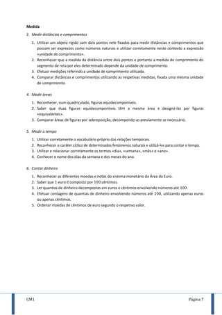 GM1 Página 7
Medida
3. Medir distâncias e comprimentos
1. Utilizar um objeto rígido com dois pontos nele fixados para medir distâncias e comprimentos que
possam ser expressos como números naturais e utilizar corretamente neste contexto a expressão
«unidade de comprimento».
2. Reconhecer que a medida da distância entre dois pontos e portanto a medida do comprimento do
segmento de reta por eles determinado depende da unidade de comprimento.
3. Efetuar medições referindo a unidade de comprimento utilizada.
4. Comparar distâncias e comprimentos utilizando as respetivas medidas, fixada uma mesma unidade
de comprimento.
4. Medir áreas
1. Reconhecer, num quadriculado, figuras equidecomponíveis.
2. Saber que duas figuras equidecomponíveis têm a mesma área e designá-las por figuras
«equivalentes».
3. Comparar áreas de figuras por sobreposição, decompondo-as previamente se necessário.
5. Medir o tempo
1. Utilizar corretamente o vocabulário próprio das relações temporais.
2. Reconhecer o caráter cíclico de determinados fenómenos naturais e utilizá-los para contar o tempo.
3. Utilizar e relacionar corretamente os termos «dia», «semana», «mês» e «ano».
4. Conhecer o nome dos dias da semana e dos meses do ano.
6. Contar dinheiro
1. Reconhecer as diferentes moedas e notas do sistema monetário da Área do Euro.
2. Saber que euro é composto por cêntimos.
3. Ler quantias de dinheiro decompostas em euros e cêntimos envolvendo números até .
4. Efetuar contagens de quantias de dinheiro envolvendo números até , utilizando apenas euros
ou apenas cêntimos.
5. Ordenar moedas de cêntimos de euro segundo o respetivo valor.
 