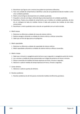 GM3 Página 20
4. Reconhecer que figuras com a mesma área podem ter perímetros diferentes.
5. Fixar uma unidade de comprimento e identificar a área de um quadrado de lado de medida 1 como
uma «unidade quadrada».
6. Medir a área de figuras decomponíveis em unidades quadradas.
7. Enquadrar a área de uma figura utilizando figuras decomponíveis em unidades quadradas.
8. Reconhecer, fixada uma unidade de comprimento, que a medida, em unidades quadradas, da área
de um retângulo de lados de medidas inteiras é dada pelo produto das medidas de dois lados
concorrentes.
9. Reconhecer o metro quadrado como a área de um quadrado com um metro de lado.
4. Medir massas
1. Relacionar as diferentes unidades de massa do sistema métrico.
2. Realizar pesagens utilizando as unidades do sistema métrico e efetuar conversões.
3. Saber que um litro de água pesa um quilograma.
5. Medir capacidades
1. Relacionar as diferentes unidades de capacidade do sistema métrico.
2. Medir capacidades utilizando as unidades do sistema métrico e efetuar conversões.
6. Medir o tempo
1. Saber que o minuto é a sexagésima parte da hora e que o segundo é a sexagésima parte do minuto.
2. Ler e escrever a medida do tempo apresentada num relógio de ponteiros em horas e minutos.
3. Efetuar conversões de medidas de tempo expressas em horas, minutos e segundos.
4. Adicionar e subtrair medidas de tempo expressas em horas, minutos e segundos.
7. Contar dinheiro
1. Adicionar e subtrair quantias de dinheiro.
8. Resolver problemas
1. Resolver problemas de até três passos envolvendo medidas de diferentes grandezas.
 