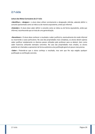 2.º ciclo Página 28
2.º ciclo
Leitura das Metas Curriculares do 2.º ciclo
«Identificar», «designar»: o aluno deve utilizar corretamente a designação referida, sabendo definir o
conceito apresentado como se indica ou de maneira equivalente, ainda que informal.
«Estender»: O aluno deve saber definir o conceito como se indica ou de forma equivalente, ainda que
informal, reconhecendo que se trata de uma generalização.
«Reconhecer»: O aluno deve conhecer o resultado e saber justificá-lo, eventualmente de modo informal
ou recorrendo a casos particulares. No caso das propriedades mais complexas, os alunos devem apenas
saber justificar isoladamente os diversos passos utilizados pelo professor para as deduzir, bem como
saber ilustrá-las utilizando exemplos concretos. No caso das propriedades mais simples, os alunos
poderão ser chamados a apresentar de forma autónoma uma justificação geral um pouco mais precisa.
«Saber»: Pretende-se que o aluno conheça o resultado, mas sem que lhe seja exigida qualquer
justificação ou verificação concreta.
 