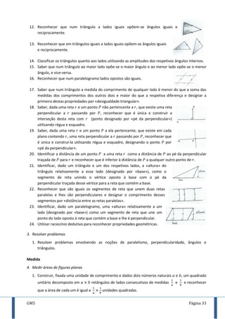 GM5 Página 33
12. Reconhecer que num triângulo a lados iguais opõem-se ângulos iguais e
reciprocamente.
13. Reconhecer que em triângulos iguais a lados iguais opõem-se ângulos iguais
e reciprocamente.
14. Classificar os triângulos quanto aos lados utilizando as amplitudes dos respetivos ângulos internos.
15. Saber que num triângulo ao maior lado opõe-se o maior ângulo e ao menor lado opõe-se o menor
ângulo, e vice-versa.
16. Reconhecer que num paralelogramo lados opostos são iguais.
17. Saber que num triângulo a medida do comprimento de qualquer lado é menor do que a soma das
medidas dos comprimentos dos outros dois e maior do que a respetiva diferença e designar a
primeira destas propriedades por «desigualdade triangular».
18. Saber, dada uma reta e um ponto não pertencente a , que existe uma reta
perpendicular a passando por , reconhecer que é única e construir a
interseção desta reta com (ponto designado por «pé da perpendicular»)
utilizando régua e esquadro.
19. Saber, dada uma reta e um ponto a ela pertencente, que existe em cada
plano contendo , uma reta perpendicular a passando por , reconhecer que
é única e construí-la utilizando régua e esquadro, designando o ponto por
«pé da perpendicular».
20. Identificar a distância de um ponto a uma reta como a distância de ao pé da perpendicular
traçada de para e reconhecer que é inferior à distância de a qualquer outro ponto de .
21. Identificar, dado um triângulo e um dos respetivos lados, a «altura» do
triângulo relativamente a esse lado (designado por «base»), como o
segmento de reta unindo o vértice oposto à base com o pé da
perpendicular traçada desse vértice para a reta que contém a base.
22. Reconhecer que são iguais os segmentos de reta que unem duas retas
paralelas e lhes são perpendiculares e designar o comprimento desses
segmentos por «distância entre as retas paralelas».
23. Identificar, dado um paralelogramo, uma «altura» relativamente a um
lado (designado por «base») como um segmento de reta que une um
ponto do lado oposto à reta que contém a base e lhe é perpendicular.
24. Utilizar raciocínio dedutivo para reconhecer propriedades geométricas.
3. Resolver problemas
1. Resolver problemas envolvendo as noções de paralelismo, perpendicularidade, ângulos e
triângulos.
Medida
4. Medir áreas de figuras planas
1. Construir, fixada uma unidade de comprimento e dados dois números naturais e , um quadrado
unitário decomposto em retângulos de lados consecutivos de medidas e e reconhecer
que a área de cada um é igual a unidades quadradas.
 