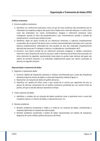 OTD5 Página 36
Organização e Tratamento de Dados OTD5
Gráficos cartesianos
1. Construir gráficos cartesianos
1. Identificar um «referencial cartesiano» como um par de retas numéricas não coincidentes que se
intersetam nas respetivas origens, das quais uma é fixada como «eixo das abcissas» e a outra como
«eixo das ordenadas» (os «eixos coordenados»), designar o referencial cartesiano como
«ortogonal» quando os eixos são perpendiculares e por «monométrico» quando a unidade de
comprimento é a mesma para ambos os eixos.
2. Identificar, dado um plano munido de um referencial cartesiano, a «abcissa» (respetivamente
«ordenada») de um ponto do plano como o número representado pela interseção com o eixo das
abcissas (respetivamente ordenadas) da reta paralela ao eixo das ordenadas (respetivamente
abcissas) que passa por e designar a abcissa e a ordenada por «coordenadas» de .
3. Construir, num plano munido de um referencial cartesiano ortogonal, o «gráfico cartesiano»
referente a dois conjuntos de números tais que a todo o elemento do primeiro está associado um
único elemento do segundo, representando nesse plano os pontos cujas abcissas são iguais aos
valores do primeiro conjunto e as ordenadas respetivamente iguais aos valores associados às
abcissas no segundo conjunto.
Representação e tratamento de dados
2. Organizar e representar dados
1. Construir tabelas de frequências absolutas e relativas reconhecendo que a soma das frequências
absolutas é igual ao número de dados e a soma das frequências relativas é igual a .
2. Representar um conjunto de dados em gráfico de barras.
3. Identificar um «gráfico de linha» como o que resulta de se unirem, por segmentos de reta, os
pontos de abcissas consecutivas de um gráfico cartesiano constituído por um número finito de
pontos, em que o eixo das abcissas representa o tempo.
3. Tratar conjuntos de dados
1. Identificar a «média» de um conjunto de dados numéricos como o quociente entre a soma dos
respetivos valores e o número de dados, e representá-la por « ̅».
4. Resolver problemas
1. Resolver problemas envolvendo a média e a moda de um conjunto de dados, interpretando o
respetivo significado no contexto de cada situação.
2. Resolver problemas envolvendo a análise de dados representados em tabelas de frequência,
diagramas de caule-e-folhas, gráficos de barras e de linhas.
 