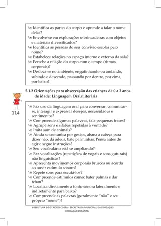  Identifica as partes do corpo e aprende a falar o nome
        delas?
        Envolve-se em explorações e brincadeiras com objetos
        e materiais diversificados?
        Identifica as pessoas do seu convívio escolar pelo
        nome?
        Estabelece relações no espaço interno e externo da sala?
        Percebe a relação do corpo com o tempo (ritmos
        corporais)?
        Desloca-se no ambiente, engatinhando ou andando,
        subindo e descendo, passando por dentro, por cima,
        por baixo?

      5.1.2 Orientações para observação das crianças de 0 a 3 anos
            de idade: Linguagem Oral/Literária

        Faz uso da linguagem oral para conversar, comunicar-
        se, interagir e expressar desejos, necessidades e
114
        sentimentos?
        Compreende algumas palavras, fala pequenas frases?
        Agrupa sons e sílabas repetidas à vontade?
        Imita som de animais?
        Ainda se comunica por gestos, abana a cabeça para
        dizer não, dá adeus, bate palminhas, Pensa antes de
        agir e segue instruções?
        Seu vocabulário está se ampliando?
        Faz vocalizações (repetições de vogais e sons guturais)
        não linguísticas?
        Apresenta movimentos corporais bruscos ou acorda
        ao ouvir estímulo sonoro?
        Repete sons para escutá-los?
        Compreende estímulos como: bater palmas e dar
        tchau?
        Localiza diretamente a fonte sonora lateralmente e
        indiretamente para baixo?
        Compreende as palavras (geralmente “não” e seu
        próprio “nome”)?
         PREFEITURA DE OTACÍLIO COSTA - SECRETARIA MUNICIPAL DA EDUCAÇÃO
                                  EDUCAÇÃO INFANTIL
 