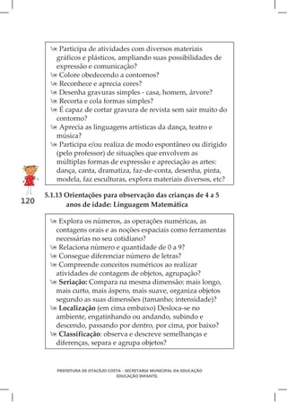  Participa de atividades com diversos materiais
        gráficos e plásticos, ampliando suas possibilidades de
        expressão e comunicação?
        Colore obedecendo a contornos?
        Reconhece e aprecia cores?
        Desenha gravuras simples - casa, homem, árvore?
        Recorta e cola formas simples?
        É capaz de cortar gravura de revista sem sair muito do
        contorno?
        Aprecia as linguagens artísticas da dança, teatro e
        música?
        Participa e/ou realiza de modo espontâneo ou dirigido
        (pelo professor) de situações que envolvem as
        múltiplas formas de expressão e apreciação as artes:
        dança, canta, dramatiza, faz-de-conta, desenha, pinta,
        modela, faz esculturas, explora materiais diversos, etc?

      5.1.13 Orientações para observação das crianças de 4 a 5
120          anos de idade: Linguagem Matemática

        Explora os números, as operações numéricas, as
        contagens orais e as noções espaciais como ferramentas
        necessárias no seu cotidiano?
        Relaciona número e quantidade de 0 a 9?
        Consegue diferenciar número de letras?
        Compreende conceitos numéricos ao realizar
        atividades de contagem de objetos, agrupação?
        Seriação: Compara na mesma dimensão: mais longo,
        mais curto, mais áspero, mais suave, organiza objetos
        segundo as suas dimensões (tamanho; intensidade)?
        Localização (em cima embaixo) Desloca-se no
        ambiente, engatinhando ou andando, subindo e
        descendo, passando por dentro, por cima, por baixo?
        Classificação: observa e descreve semelhanças e
        diferenças, separa e agrupa objetos?


         PREFEITURA DE OTACÍLIO COSTA - SECRETARIA MUNICIPAL DA EDUCAÇÃO
                                   EDUCAÇÃO INFANTIL
 