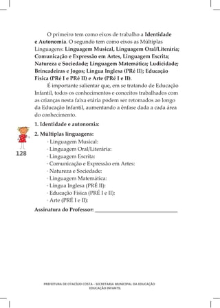 O primeiro tem como eixos de trabalho a Identidade
      e Autonomia. O segundo tem como eixos as Múltiplas
      Linguagens: Linguagem Musical, Linguagem Oral/Literária;
      Comunicação e Expressão em Artes, Linguagem Escrita;
      Natureza e Sociedade; Linguagem Matemática; Ludicidade;
      Brincadeiras e Jogos; Língua Inglesa (PRé II); Educação
      Física (PRé I e PRé II) e Arte (PRé I e II).
            É importante salientar que, em se tratando de Educação
      Infantil, todos os conhecimentos e conceitos trabalhados com
      as crianças nesta faixa etária podem ser retomados ao longo
      da Educação Infantil, aumentando a ênfase dada a cada área
      do conhecimento.
      1. Identidade e autonomia:
      2. Múltiplas linguagens:
           · Linguagem Musical:
          · Linguagem Oral/Literária:
128       · Linguagem Escrita:
          · Comunicação e Expressão em Artes:
          · Natureza e Sociedade:
          · Linguagem Matemática:
          · Língua Inglesa (PRÉ II):
          · Educação Física (PRÉ I e II):
          · Arte (PRÉ I e II):
      Assinatura do Professor: _______________________________




         PREFEITURA DE OTACÍLIO COSTA - SECRETARIA MUNICIPAL DA EDUCAÇÃO
                                   EDUCAÇÃO INFANTIL
 