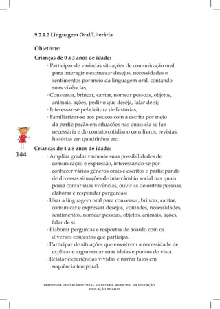 9.2.1.2 Linguagem Oral/Literária

      Objetivos:
      Crianças de 0 a 3 anos de idade:
           · Participar de variadas situações de comunicação oral,
              para interagir e expressar desejos, necessidades e
              sentimentos por meio da linguagem oral, contando
              suas vivências;
           · Conversar, brincar, cantar, nomear pessoas, objetos,
              animais, ações, pedir o que deseja, falar de si;
           · Interessar-se pela leitura de histórias;
           · Familiarizar-se aos poucos com a escrita por meio
              da participação em situações nas quais ela se faz
              necessária e do contato cotidiano com livros, revistas,
              histórias em quadrinhos etc.
      Crianças de 4 a 5 anos de idade:
144        · Ampliar gradativamente suas possibilidades de
              comunicação e expressão, interessando-se por
              conhecer vários gêneros orais e escritos e participando
              de diversas situações de intercâmbio social nas quais
              possa contar suas vivências, ouvir as de outras pessoas,
              elaborar e responder perguntas;
           · Usar a linguagem oral para conversar, brincar, cantar,
              comunicar e expressar desejos, vontades, necessidades,
              sentimentos, nomear pessoas, objetos, animais, ações,
              falar de si.
           · Elaborar perguntas e respostas de acordo com os
              diversos contextos que participa.
           · Participar de situações que envolvem a necessidade de
              explicar e argumentar suas ideias e pontos de vista.
           · Relatar experiências vividas e narrar fatos em
              sequência temporal.


          PREFEITURA DE OTACÍLIO COSTA - SECRETARIA MUNICIPAL DA EDUCAÇÃO
                                    EDUCAÇÃO INFANTIL
 