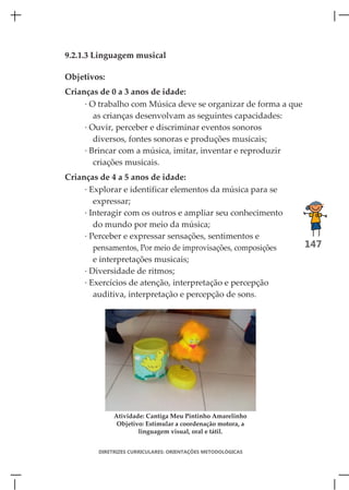 9.2.1.3 Linguagem musical

Objetivos:
Crianças de 0 a 3 anos de idade:
     · O trabalho com Música deve se organizar de forma a que
        as crianças desenvolvam as seguintes capacidades:
     · Ouvir, perceber e discriminar eventos sonoros
        diversos, fontes sonoras e produções musicais;
     · Brincar com a música, imitar, inventar e reproduzir
        criações musicais.
Crianças de 4 a 5 anos de idade:
     · Explorar e identificar elementos da música para se
        expressar;
     · Interagir com os outros e ampliar seu conhecimento
        do mundo por meio da música;
     · Perceber e expressar sensações, sentimentos e
        pensamentos, Por meio de improvisações, composições     147
        e interpretações musicais;
     · Diversidade de ritmos;
     · Exercícios de atenção, interpretação e percepção
        auditiva, interpretação e percepção de sons.




              Atividade: Cantiga Meu Pintinho Amarelinho
               Objetivo: Estimular a coordenação motora, a
                      linguagem visual, oral e tátil.


         DIRETRIZES CURRICULARES: ORIENTAÇÕES METODOLÓGICAS
 