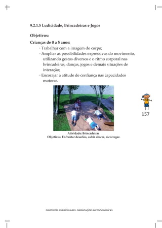 9.2.1.5 Ludicidade, Brincadeiras e Jogos

Objetivos:
Crianças de 0 a 5 anos:
     · Trabalhar com a imagem do corpo;
     · Ampliar as possibilidades expressivas do movimento,
        utilizando gestos diversos e o ritmo corporal nas
        brincadeiras, danças, jogos e demais situações de
        interação;
     · Encorajar a atitude de confiança nas capacidades
        motoras.




                                                                    157



                        Atividade: Brincadeiras
         Objetivos: Enfrentar desafios, subir descer, escorregar.




        DIRETRIZES CURRICULARES: ORIENTAÇÕES METODOLÓGICAS
 