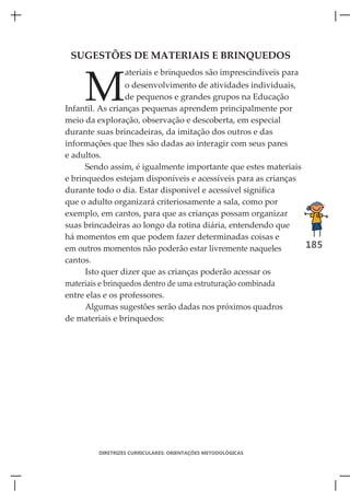 SUGESTÕES DE MATERIAIS E BRINQUEDOS



     M
                ateriais e brinquedos são imprescindíveis para
                  o desenvolvimento de atividades individuais,
                  de pequenos e grandes grupos na Educação
Infantil. As crianças pequenas aprendem principalmente por
meio da exploração, observação e descoberta, em especial
durante suas brincadeiras, da imitação dos outros e das
informações que lhes são dadas ao interagir com seus pares
e adultos.
      Sendo assim, é igualmente importante que estes materiais
e brinquedos estejam disponíveis e acessíveis para as crianças
durante todo o dia. Estar disponível e acessível significa
que o adulto organizará criteriosamente a sala, como por
exemplo, em cantos, para que as crianças possam organizar
suas brincadeiras ao longo da rotina diária, entendendo que
há momentos em que podem fazer determinadas coisas e
em outros momentos não poderão estar livremente naqueles       185
cantos.
      Isto quer dizer que as crianças poderão acessar os
materiais e brinquedos dentro de uma estruturação combinada
entre elas e os professores.
      Algumas sugestões serão dadas nos próximos quadros
de materiais e brinquedos:




        DIRETRIZES CURRICULARES: ORIENTAÇÕES METODOLÓGICAS
 