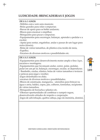 LUDICIDADE: BRINCADEIRAS E JOGOS
DE 0 A 3 ANOS
-Móbiles com e sem sons musicais;
-Bolas grandes para rolar e empurrar;
-Barras de apoio para os bebês andarem;
-Blocos para encaixar e empilhar;
-Brinquedos para puxar e empurrar;
-Equipamentos para escorregar, balançar, aprender a pedalar e a
escalar;
-Apoio para sentar, engatinhar, andar e passar de um lugar para
outro (túneis);
-Bolas de vários tamanhos, de plástico e/ou tecido de meia,
-Espelho;
-Encaixes de diversos motivos e possibilidades etc.
DE 4 A 5 ANOS
-Equipamentos para desenvolvimento motor amplo e fino: legos,
encaixes e montagens;
-Equipamentos que favoreçam andar, correr, pular, pedalar,
pular em um pé só, balançar, escorregar, escalar, se dependurar;
- Bambolês, cordas, elástico, bolas de vários tamanhos e texturas    189
e petecas para jogar e receber;
-Jogos desenhados no chão;
-encaixes de diversos motivos e possibilidades;
-Blocos de construção, mangueira, - utensílios para brincar na
água e areia, baldes, copos, pás, colheres, forminhas, recipientes
de vários tamanhos,
-Brinquedos de borracha e plástico etc.
-Oferecer oportunidades de combinar e cumprir regras,
desenvolvendo atitudes de respeito e cooperação.
-Jogos de adivinhação, quebra-cabeça, jogo da memória, dominó,




         DIRETRIZES CURRICULARES: ORIENTAÇÕES METODOLÓGICAS
 