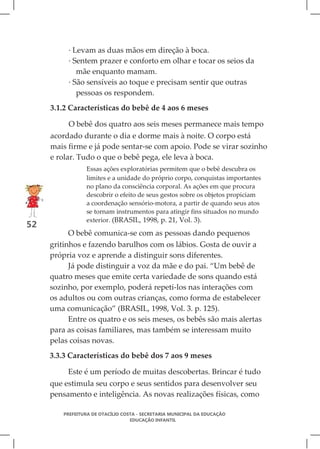 · Levam as duas mãos em direção à boca.
          · Sentem prazer e conforto em olhar e tocar os seios da
             mãe enquanto mamam.
          · São sensíveis ao toque e precisam sentir que outras
             pessoas os respondem.
     3.1.2 Características do bebê de 4 aos 6 meses

          O bebê dos quatro aos seis meses permanece mais tempo
     acordado durante o dia e dorme mais à noite. O corpo está
     mais firme e já pode sentar-se com apoio. Pode se virar sozinho
     e rolar. Tudo o que o bebê pega, ele leva à boca.
                 Essas ações exploratórias permitem que o bebê descubra os
                 limites e a unidade do próprio corpo, conquistas importantes
                 no plano da consciência corporal. As ações em que procura
                 descobrir o efeito de seus gestos sobre os objetos propiciam
                 a coordenação sensório-motora, a partir de quando seus atos
                 se tornam instrumentos para atingir fins situados no mundo
                 exterior. (BRASIL, 1998, p. 21, Vol. 3).
52
           O bebê comunica-se com as pessoas dando pequenos
     gritinhos e fazendo barulhos com os lábios. Gosta de ouvir a
     própria voz e aprende a distinguir sons diferentes.
           Já pode distinguir a voz da mãe e do pai. “Um bebê de
     quatro meses que emite certa variedade de sons quando está
     sozinho, por exemplo, poderá repeti-los nas interações com
     os adultos ou com outras crianças, como forma de estabelecer
     uma comunicação” (BRASIL, 1998, Vol. 3. p. 125).
           Entre os quatro e os seis meses, os bebês são mais alertas
     para as coisas familiares, mas também se interessam muito
     pelas coisas novas.
     3.3.3 Características do bebê dos 7 aos 9 meses

          Este é um período de muitas descobertas. Brincar é tudo
     que estimula seu corpo e seus sentidos para desenvolver seu
     pensamento e inteligência. As novas realizações físicas, como

         PREFEITURA DE OTACÍLIO COSTA - SECRETARIA MUNICIPAL DA EDUCAÇÃO
                                   EDUCAÇÃO INFANTIL
 