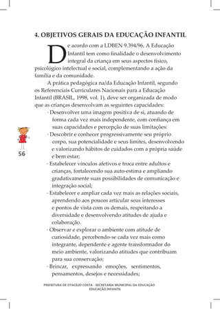 4. OBJETIVOS GERAIS DA EDUCAÇÃO INFANTIL



          D
                     e acordo com a LDBEN 9.394/96, A Educação
                    Infantil tem como finalidade o desenvolvimento
                    integral da criança em seus aspectos físico,
     psicológico intelectual e social, complementando a ação da
     família e da comunidade.
          A prática pedagógica na/da Educação Infantil, segundo
     os Referenciais Curriculares Nacionais para a Educação
     Infantil (BRASIL, 1998, vol. 1), deve ser organizada de modo
     que as crianças desenvolvam as seguintes capacidades:
          · Desenvolver uma imagem positiva de si, atuando de
             forma cada vez mais independente, com confiança em
             suas capacidades e percepção de suas limitações:
          · Descobrir e conhecer progressivamente seu próprio
             corpo, sua potencialidade e seus limites, desenvolvendo
             e valorizando hábitos de cuidados com a própria saúde
56           e bem estar;
          · Estabelecer vínculos afetivos e troca entre adultos e
             crianças, fortalecendo sua auto-estima e ampliando
             gradativamente suas possibilidades de comunicação e
             integração social;
          · Estabelecer e ampliar cada vez mais as relações sociais,
             aprendendo aos poucos articular seus interesses
             e pontos de vista com os demais, respeitando a
             diversidade e desenvolvendo atitudes de ajuda e
             colaboração.
          · Observar e explorar o ambiente com atitude de
             curiosidade, percebendo-se cada vez mais como
             integrante, dependente e agente transformador do
             meio ambiente, valorizando atitudes que contribuam
             para sua conservação;
          · Brincar, expressando emoções, sentimentos,
             pensamentos, desejos e necessidades;

        PREFEITURA DE OTACÍLIO COSTA - SECRETARIA MUNICIPAL DA EDUCAÇÃO
                                  EDUCAÇÃO INFANTIL
 