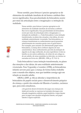 Nesse sentido, para brincar é preciso apropriar-se de
     elementos da realidade imediata de tal forma a atribuir-lhes
     novos significados. Essa peculiaridade da brincadeira ocorre
     por meio da articulação entre a imaginação e a imitação da
     realidade.
                 Nesse sentido, para brincar é preciso apropriar-se de
                 elementos da realidade imediata de tal forma a atribuir-
                 lhes novos significados. Essa peculiaridade da brincadeira
                 ocorre por meio da articulação entre a imaginação e a
                 imitação da realidade (...). Toda brincadeira é uma imitação
                 transformada, no plano das emoções e das idéias, de uma
                 realidade anteriormente vivenciada. Nas brincadeiras, as
                 crianças transformam os conhecimentos que já possuíam
                 anteriormente em conceitos gerais com os quais brinca.
                 Por exemplo, para assumir um determinado papel numa
                 brincadeira, a criança deve conhecer alguma de suas
                 características. Seus conhecimentos provêm da imitação de
                 alguém ou de algo conhecido, de uma experiência vivida na
                 família ou em outros ambientes, do relato de um colega ou
62               de um adulto, de cenas assistidas na televisão, no cinema ou
                 narradas em livros etc. (BRASIL, 1998, p. 27, Vol. 1).

           Toda brincadeira é uma imitação transformada, no plano
     das emoções e das ideias, de uma realidade anteriormente
     vivenciada. Para Vygostsky e Leontiev (1998), as brincadeiras
     infantis servem para que a criança de forma lúdica trabalhe
     com o mundo dos objetos, mas que também consiga agir em
     relação ao mundo adulto.
           AROLI, (2007, p. 66) ao abordar a importância da
     brincadeira de papéis sociais para o desenvolvimento psíquico
     da criança, a partir dos estudos de Elkonin e Leontiev, esclarece
     que, para estes estudiosos,
                 a lei geral do desenvolvimento dos jogos nas crianças em
                 idade pré-escolar se expressa na transição dos jogos com
                 situação imaginária explícita, papel implícito e regra latente
                 para os jogos com situação imaginária latente, um papel
                 latente e regras explícitas.



         PREFEITURA DE OTACÍLIO COSTA - SECRETARIA MUNICIPAL DA EDUCAÇÃO
                                   EDUCAÇÃO INFANTIL
 