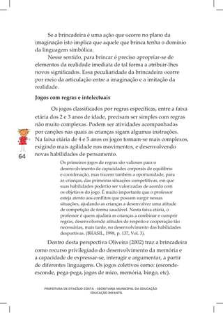 Se a brincadeira é uma ação que ocorre no plano da
     imaginação isto implica que aquele que brinca tenha o domínio
     da linguagem simbólica.
           Nesse sentido, para brincar é preciso apropriar-se de
     elementos da realidade imediata de tal forma a atribuir-lhes
     novos significados. Essa peculiaridade da brincadeira ocorre
     por meio da articulação entre a imaginação e a imitação da
     realidade.
     Jogos com regras e intelectuais

            Os jogos classificados por regras específicas, entre a faixa
     etária dos 2 e 3 anos de idade, precisam ser simples com regras
     não muito complexas. Podem ser atividades acompanhadas
     por canções nas quais as crianças sigam algumas instruções.
     Na faixa etária de 4 e 5 anos os jogos tornam-se mais complexos,
     exigindo mais agilidade nos movimentos, e desenvolvendo
64   novas habilidades de pensamento.
                 Os primeiros jogos de regras são valiosos para o
                 desenvolvimento de capacidades corporais de equilíbrio
                 e coordenação, mas trazem também a oportunidade, para
                 as crianças, das primeiras situações competitivas, em que
                 suas habilidades poderão ser valorizadas de acordo com
                 os objetivos do jogo. É muito importante que o professor
                 esteja atento aos conflitos que possam surgir nessas
                 situações, ajudando as crianças a desenvolver uma atitude
                 de competição de forma saudável. Nesta faixa etária, o
                 professor é quem ajudará as crianças a combinar e cumprir
                 regras, desenvolvendo atitudes de respeito e cooperação tão
                 necessárias, mais tarde, no desenvolvimento das habilidades
                 desportivas. (BRASIL, 1998, p. 137, Vol. 3).

          Dentro desta perspectiva Oliveira (2002) traz a brincadeira
     como recurso privilegiado do desenvolvimento da memória e
     a capacidade de expressar-se, interagir e argumentar, a partir
     de diferentes linguagens. Os jogos coletivos como: (esconde-
     esconde, pega-pega, jogos de mico, memória, bingo, etc).

         PREFEITURA DE OTACÍLIO COSTA - SECRETARIA MUNICIPAL DA EDUCAÇÃO
                                   EDUCAÇÃO INFANTIL
 