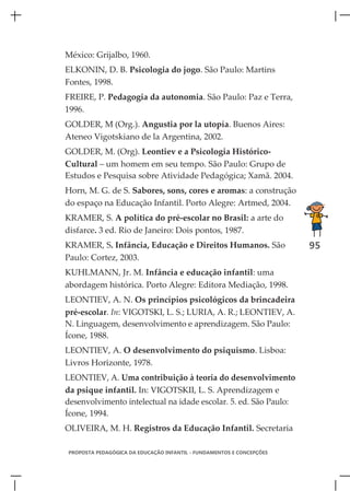 México: Grijalbo, 1960.
ELKONIN, D. B. Psicologia do jogo. São Paulo: Martins
Fontes, 1998.
FREIRE, P. Pedagogia da autonomia. São Paulo: Paz e Terra,
1996.
GOLDER, M (Org.). Angustia por la utopía. Buenos Aires:
Ateneo Vigotskiano de la Argentina, 2002.
GOLDER, M. (Org). Leontiev e a Psicologia Histórico-
Cultural – um homem em seu tempo. São Paulo: Grupo de
Estudos e Pesquisa sobre Atividade Pedagógica; Xamã. 2004.
Horn, M. G. de S. Sabores, sons, cores e aromas: a construção
do espaço na Educação Infantil. Porto Alegre: Artmed, 2004.
KRAMER, S. A política do pré-escolar no Brasil: a arte do
disfarce. 3 ed. Rio de Janeiro: Dois pontos, 1987.
KRAMER, S. Infância, Educação e Direitos Humanos. São                 95
Paulo: Cortez, 2003.
KUHLMANN, Jr. M. Infância e educação infantil: uma
abordagem histórica. Porto Alegre: Editora Mediação, 1998.
LEONTIEV, A. N. Os princípios psicológicos da brincadeira
pré-escolar. In: VIGOTSKI, L. S.; LURIA, A. R.; LEONTIEV, A.
N. Linguagem, desenvolvimento e aprendizagem. São Paulo:
Ícone, 1988.
LEONTIEV, A. O desenvolvimento do psiquismo. Lisboa:
Livros Horizonte, 1978.
LEONTIEV, A. Uma contribuição à teoria do desenvolvimento
da psique infantil. In: VIGOTSKII, L. S. Aprendizagem e
desenvolvimento intelectual na idade escolar. 5. ed. São Paulo:
Ícone, 1994.
OLIVEIRA, M. H. Registros da Educação Infantil. Secretaria

PROPOSTA PEDAGÓGICA DA EDUCAÇÃO INFANTIL - FUNDAMENTOS E CONCEPÇÕES
 
