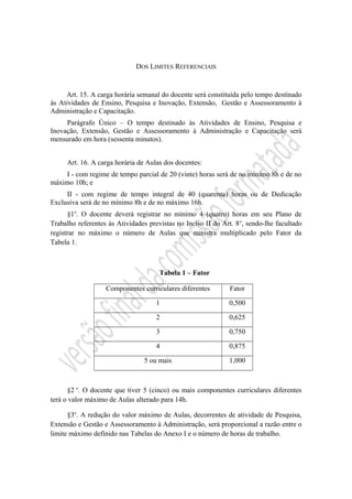 DOS LIMITES REFERENCIAIS
Art. 15. A carga horária semanal do docente será constituída pelo tempo destinado
às Atividades de Ensino, Pesquisa e Inovação, Extensão, Gestão e Assessoramento à
Administração e Capacitação.
Parágrafo Único – O tempo destinado às Atividades de Ensino, Pesquisa e
Inovação, Extensão, Gestão e Assessoramento à Administração e Capacitação será
mensurado em hora (sessenta minutos).
Art. 16. A carga horária de Aulas dos docentes:
I - com regime de tempo parcial de 20 (vinte) horas será de no mínimo 8h e de no
máximo 10h; e
II - com regime de tempo integral de 40 (quarenta) horas ou de Dedicação
Exclusiva será de no mínimo 8h e de no máximo 16h.
§1o
. O docente deverá registrar no mínimo 4 (quatro) horas em seu Plano de
Trabalho referentes às Atividades previstas no Inciso II do Art. 8o
, sendo-lhe facultado
registrar no máximo o número de Aulas que ministra multiplicado pelo Fator da
Tabela 1.
Tabela 1 – Fator
Componentes curriculares diferentes Fator
1 0,500
2 0,625
3 0,750
4 0,875
5 ou mais 1,000
§2 o
. O docente que tiver 5 (cinco) ou mais componentes curriculares diferentes
terá o valor máximo de Aulas alterado para 14h.
§3o
. A redução do valor máximo de Aulas, decorrentes de atividade de Pesquisa,
Extensão e Gestão e Assessoramento à Administração, será proporcional a razão entre o
limite máximo definido nas Tabelas do Anexo I e o número de horas de trabalho.
 