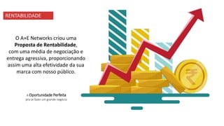 O A+E Networks criou uma
Proposta de Rentabilidade,
com uma média de negociação e
entrega agressiva, proporcionando
assim uma alta efetividade da sua
marca com nosso público.
A Oportunidade Perfeita
pra se fazer um grande negócio
RENTABILIDADE
 