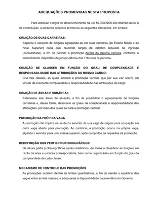 ADEQUAÇÕES PROMOVIDAS NESTA PROPOSTA


         Para adequar a regra de desenvolvimento da Lei 15.050/2006 aos ditames da lei e
da constituição, a presente proposta promoveu as seguintes alterações, em síntese:


CRIAÇÃO DE DUAS CARREIRAS:
  Separou o conjunto de funções agrupando-as em duas carreiras (de Ensino Médio e de
  Nível Superior) cada qual reunindo cargos de idêntico requisito de ingresso
  (escolaridade), a fim de permitir a promoção dentro da mesma carreira, conforme o
  entendimento majoritário da jurisprudência dos Tribunais Superiores.


CRIAÇÃO     DE    CLASSES      EM   FUNÇÃO       DO   GRAU       DE   COMPLEXIDADE        E
RESPONSABILIDADE DAS ATRIBUIÇÕES DO MESMO CARGO:
  Cria três classes, as quais indicam a promoção vertical, que por sua vez ocorre em
  virtude da crescente complexidade e responsabilidade das atribuições do cargo.


CRIAÇÃO DE ÁREAS E SUBÁREAS:
  Estabelece seis áreas de atuação, a fim de possibilitar o agrupamento de funções
  correlatas e, dessa forma, descrever os graus de complexidade e responsabilidade das
  atribuições, por meio dos quais se dará a promoção vertical.


PROMOÇÃO NA PRÓPRIA VAGA
  A promoção não implica na saída do servidor de sua vaga de origem para ocupação em
  outra vaga aberta para promoção. Ao contrário, a promoção ocorre na própria vaga,
  alçando o servidor para uma classe superior, após cumpridos os requisitos da promoção.


REDEFINIÇÃO DOS PERFIS PROFISSIOGRÁFICOS
  Os atuais perfis profissiográficos serão redefinidos, de forma a classificar as funções em
  razão da área e subárea correspondente, bem como organizá-las em função do grau de
  complexidade de cada classe.


MECANISMO DE CONTROLE DAS PROMOÇÕES
  As promoções ocorrem dentro de limites quantitativos, a fim de manter o equilíbrio das
  vagas entre as três classes, e adequá-las à disponibilidade orçamentária do Governo.
 