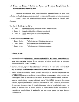 4.2. Criação de Classes Definidas em Função da Crescente Complexidade das
    Atribuições de um Mesmo Cargo:


             Definidas as carreiras, estas serão compostas por três Classes, as quais foram
definidas em função do grau de complexidade e responsabilidades das atribuições do cargo.
             Assim, a linha de desenvolvimento vertical ocorrerá entre as classes assim
dispostas:


Carreira de Gestão Universitária:
    Classe I:       Desenvolvimento (atribuições de alta complexidade);
    Classe II:      Suporte (atribuições média complexidade);
    Classe III:     Apoio (atribuições de baixa complexidade).


Carreira Profissional Universitária:
    Classe Sênior:         Profissionais com título de stricto sensu;
    Classe Pleno:          Profissionais com título de lato sensu;
    Classe Júnior:         Profissionais com título de graduação.




  JUSTIFICATIVA:


 A promoção vertical não implica em mudança de cargo, tão pouco em transposição
   para outra carreira, diversa da do ingresso, tal como ocorria com a promoção
   interclasse da atual Lei 15.050/2006;

 Na nova proposta, a promoção vertical ocorre em virtude da “crescente complexidade
   das atribuições e tarefas de um mesmo cargo, e de uma mesma carreira”;

 A linha de desenvolvimento vertical ocorrerá em função do grau de complexidade das
   ATRIBUIÇÕES do cargo, e não na transposição de um cargo para outro, nem de uma
   carreira para outra. As classes indicam a linha de desenvolvimento vertical, conforme o
   grau de complexidade e responsabilidade das ATRIBUIÇÕES do cargo. Em outras
   palavras, a promoção não deve transpor o servidor de um cargo para outro, e de carreira
   diversa, mas sim de um nível de complexidade para outro de complexidade maior, mas
   dentro do mesmo cargo e mesma carreira. A figura abaixo mostra um exemplo de
   evolução da complexidade de atribuições de um mesmo cargo, no caso, da área
   Administrativa:
 