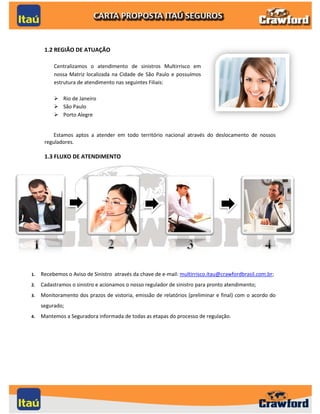 1.2 REGIÃO DE ATUAÇÃO

          Centralizamos o atendimento de sinistros Multirrisco em
          nossa Matriz localizada na Cidade de São Paulo e possuímos
          estrutura de atendimento nas seguintes Filiais:

           Rio de Janeiro
           São Paulo
           Porto Alegre


          Estamos aptos a atender em todo território nacional através do deslocamento de nossos
      reguladores.

      1.3 FLUXO DE ATENDIMENTO




1.   Recebemos o Aviso de Sinistro através da chave de e-mail: multirrisco.itau@crawfordbrasil.com.br;
2.   Cadastramos o sinistro e acionamos o nosso regulador de sinistro para pronto atendimento;
3.   Monitoramento dos prazos de vistoria, emissão de relatórios (preliminar e final) com o acordo do
     segurado;
4.   Mantemos a Seguradora informada de todas as etapas do processo de regulação.




                                                                                                     4
 