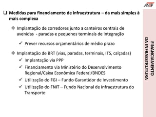 FINANCIAMENTO
DAINFRAESTRUTURA
 Medidas para financiamento de infraestrutura – da mais simples à
mais complexa
 Implantação de corredores junto a canteiros centrais de
avenidas - paradas e pequenos terminais de integração
 Prever recursos orçamentários de médio prazo
 Implantação de BRT (vias, paradas, terminais, ITS, calçadas)
 Implantação via PPP
 Financiamento via Ministério do Desenvolvimento
Regional/Caixa Econômica Federal/BNDES
 Utilização do FGI – Fundo Garantidor de Investimento
 Utilização do FNIT – Fundo Nacional de Infraestrutura do
Transporte
 