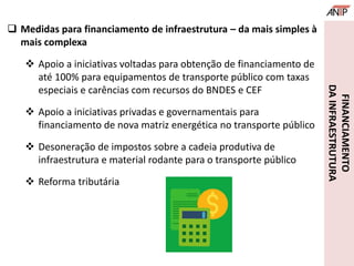FINANCIAMENTO
DAINFRAESTRUTURA
 Medidas para financiamento de infraestrutura – da mais simples à
mais complexa
 Apoio a iniciativas voltadas para obtenção de financiamento de
até 100% para equipamentos de transporte público com taxas
especiais e carências com recursos do BNDES e CEF
 Apoio a iniciativas privadas e governamentais para
financiamento de nova matriz energética no transporte público
 Desoneração de impostos sobre a cadeia produtiva de
infraestrutura e material rodante para o transporte público
 Reforma tributária
 