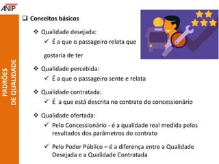  Conceitos básicos
 Qualidade desejada:
 É a que o passageiro relata que
gostaria de ter
 Qualidade percebida:
 É a que o passageiro sente e relata
 Qualidade contratada:
 É a que está descrita no contrato do concessionário
 Qualidade ofertada:
 Pelo Concessionário - é a qualidade real medida pelos
resultados dos parâmetros do contrato
 Pelo Poder Público – é a diferença entre a Qualidade
Desejada e a Qualidade Contratada
PADRÕES
DEQUALIDADE
 