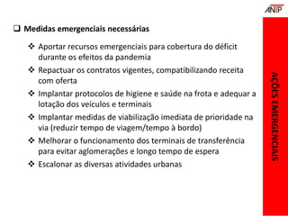  Medidas emergenciais necessárias
 Aportar recursos emergenciais para cobertura do déficit
durante os efeitos da pandemia
 Repactuar os contratos vigentes, compatibilizando receita
com oferta
 Implantar protocolos de higiene e saúde na frota e adequar a
lotação dos veículos e terminais
 Implantar medidas de viabilização imediata de prioridade na
via (reduzir tempo de viagem/tempo à bordo)
 Melhorar o funcionamento dos terminais de transferência
para evitar aglomerações e longo tempo de espera
 Escalonar as diversas atividades urbanas
AÇÕESEMERGENCIAIS
 