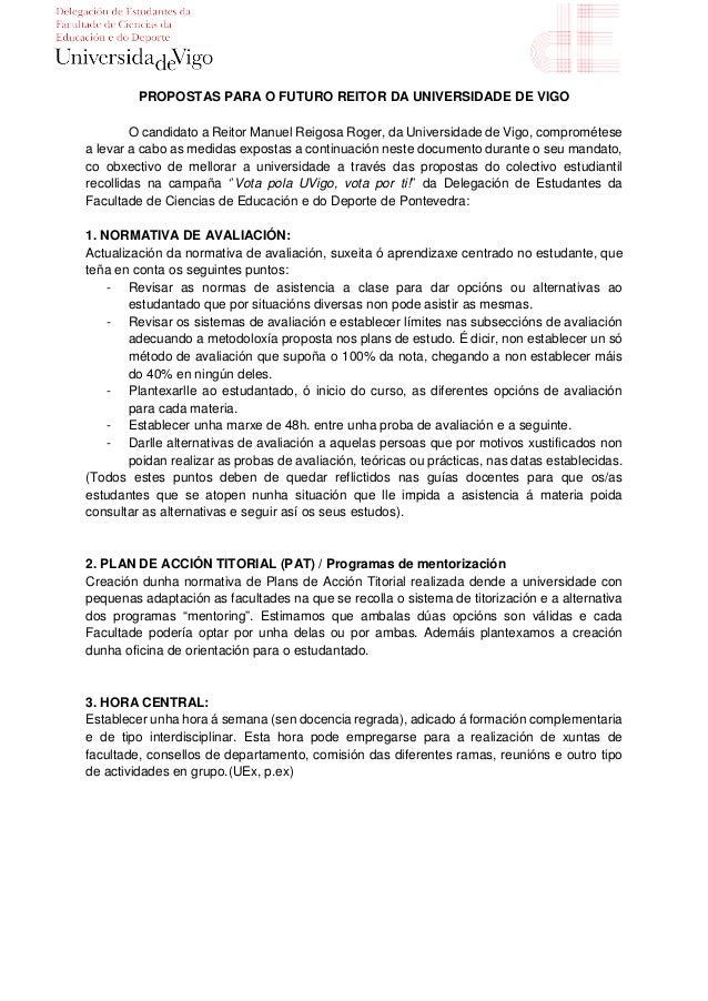Propostas ao candidato a reitor Manuel Reigosa Propostas ao candidato a reitor Manuel Reigosa