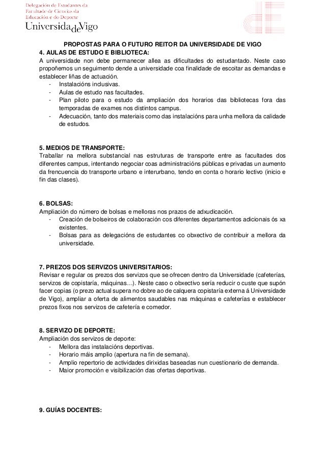 Propostas ao candidato a reitor Manuel Reigosa Propostas ao candidato a reitor Manuel Reigosa