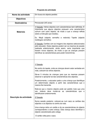 Proposta de actividade

  Nome da actividade      Em busca do objecto perdido

      Objectivos

     Destinatários        Pré-escolar (4/5 anos)

                          1ª Sessão: Vários objectos com características bem definidas. É
                          importante que alguns objectos possuam uma característica
       Materiais          comum com outro objecto, de modo a que a criança reflicta
                          sobre a instrução que recebeu.

                          Ex. Maçã (objecto vermelho e redondo) Tapete (objecto
                          rectângulo vermelho)

                          2ª Sessão: Cartões com as imagens dos objectos seleccionados
                          pelo educador. Estes objectos podem ser os mesmos da sessão
                          realizada anteriormente, ainda assim, seria importante que
                          fossem novos objectos, de modo a que as crianças possam
                          identificar as características para poder transmiti-las.




                          1ª Sessão

                          No centro do tapete, onde as crianças devem estar sentadas em
                          roda, colocam-se vários objectos.

                          Dá-se 5 minutos às crianças para que as mesmas possam
                          observar e apropriar-se das características dos objectos.

                          Posteriormente, o educador pede a uma criança que identifique
                          um determinado objecto a partir das características que o
                          mesmo lhe transmite.

                          Note-se que o mesmo objecto pode ser pedido mais que uma
                          vez, todavia deve mudar-se as características que o
                          identificaram anteriormente.

Descrição da actividade   2ª Sessão

                          Numa sessão posterior, colocam-se num saco os cartões dos
                          objectos e os objectos no centro da roda.

                          Uma criança retira um cartão e diz as características do objecto
                          correspondente a outra criança. Esta criança deve identificar o
                          objecto caracterizado pelo colega.

                          O cartão volta para o saco.
 