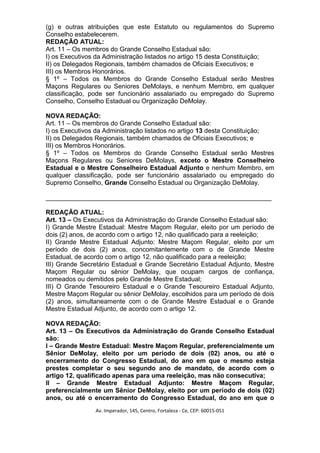 (g) e outras atribuições que este Estatuto ou regulamentos do Supremo
Conselho estabelecerem.
REDAÇÃO ATUAL:
Art. 11 – Os membros do Grande Conselho Estadual são:
I) os Executivos da Administração listados no artigo 15 desta Constituição;
II) os Delegados Regionais, também chamados de Oficiais Executivos; e
III) os Membros Honorários.
§ 1º – Todos os Membros do Grande Conselho Estadual serão Mestres
Maçons Regulares ou Seniores DeMolays, e nenhum Membro, em qualquer
classificação, pode ser funcionário assalariado ou empregado do Supremo
Conselho, Conselho Estadual ou Organização DeMolay.

NOVA REDAÇÃO:
Art. 11 – Os membros do Grande Conselho Estadual são:
I) os Executivos da Administração listados no artigo 13 desta Constituição;
II) os Delegados Regionais, também chamados de Oficiais Executivos; e
III) os Membros Honorários.
§ 1º – Todos os Membros do Grande Conselho Estadual serão Mestres
Maçons Regulares ou Seniores DeMolays, exceto o Mestre Conselheiro
Estadual e o Mestre Conselheiro Estadual Adjunto e nenhum Membro, em
qualquer classificação, pode ser funcionário assalariado ou empregado do
Supremo Conselho, Grande Conselho Estadual ou Organização DeMolay.

_______________________________________________________________

REDAÇÃO ATUAL:
Art. 13 – Os Executivos da Administração do Grande Conselho Estadual são:
I) Grande Mestre Estadual: Mestre Maçom Regular, eleito por um período de
dois (2) anos, de acordo com o artigo 12, não qualificado para a reeleição;
II) Grande Mestre Estadual Adjunto: Mestre Maçom Regular, eleito por um
período de dois (2) anos, concomitantemente com o de Grande Mestre
Estadual, de acordo com o artigo 12, não qualificado para a reeleição;
III) Grande Secretário Estadual e Grande Secretário Estadual Adjunto, Mestre
Maçom Regular ou sênior DeMolay, que ocupam cargos de confiança,
nomeados ou demitidos pelo Grande Mestre Estadual;
III) O Grande Tesoureiro Estadual e o Grande Tesoureiro Estadual Adjunto,
Mestre Maçom Regular ou sênior DeMolay, escolhidos para um período de dois
(2) anos, simultaneamente com o de Grande Mestre Estadual e o Grande
Mestre Estadual Adjunto, de acordo com o artigo 12.

NOVA REDAÇÃO:
Art. 13 – Os Executivos da Administração do Grande Conselho Estadual
são:
I – Grande Mestre Estadual: Mestre Maçom Regular, preferencialmente um
Sênior DeMolay, eleito por um período de dois (02) anos, ou até o
encerramento do Congresso Estadual, do ano em que o mesmo esteja
prestes completar o seu segundo ano de mandato, de acordo com o
artigo 12, qualificado apenas para uma reeleição, mas não consecutiva;
II – Grande Mestre Estadual Adjunto: Mestre Maçom Regular,
preferencialmente um Sênior DeMolay, eleito por um período de dois (02)
anos, ou até o encerramento do Congresso Estadual, do ano em que o
                Av. Imperador, 145, Centro, Fortaleza - Ce, CEP: 60015-051
 